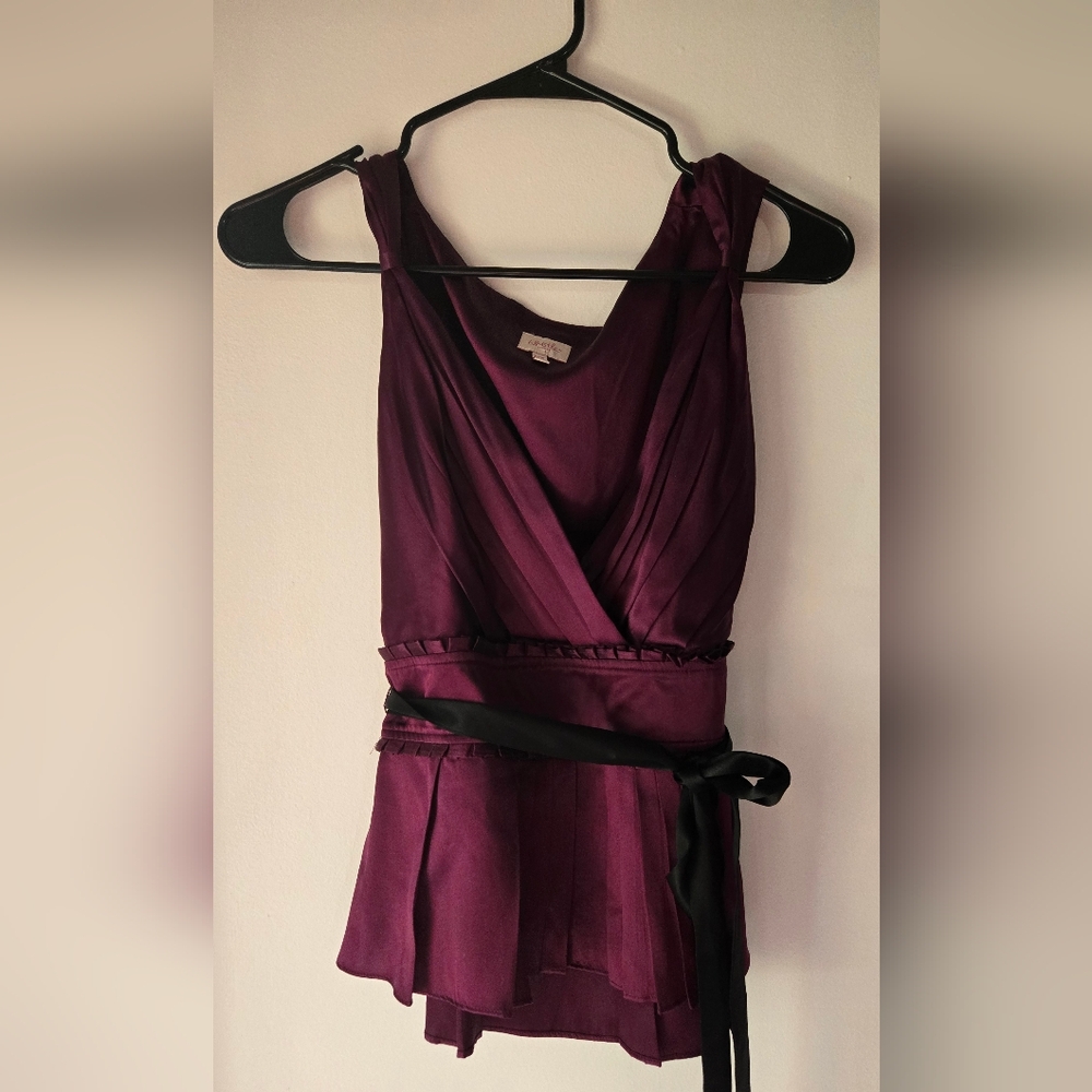 Y2K Purple Sleeveless Silk Top with Black Ribbon